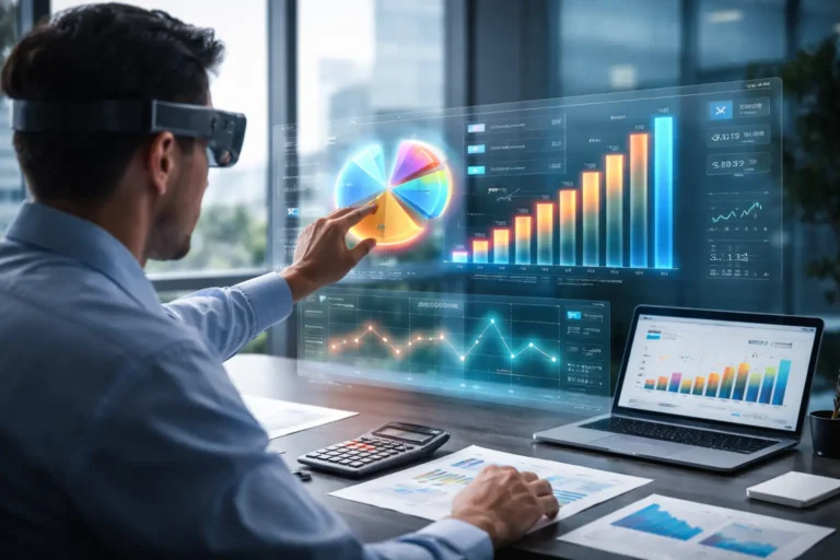 Augmented reality in accounting professional analyzing interactive 3D financial data in a modern office environment