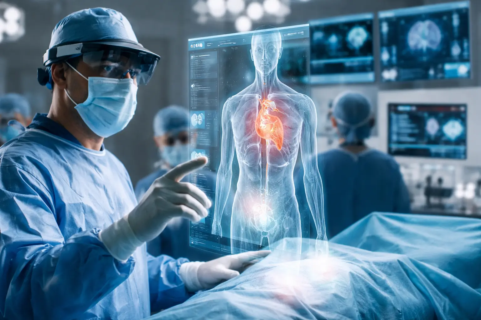 Augmented reality apps for healthcare displayed through AR glasses as a surgeon interacts with a 3D holographic human anatomy model in a modern operating room.