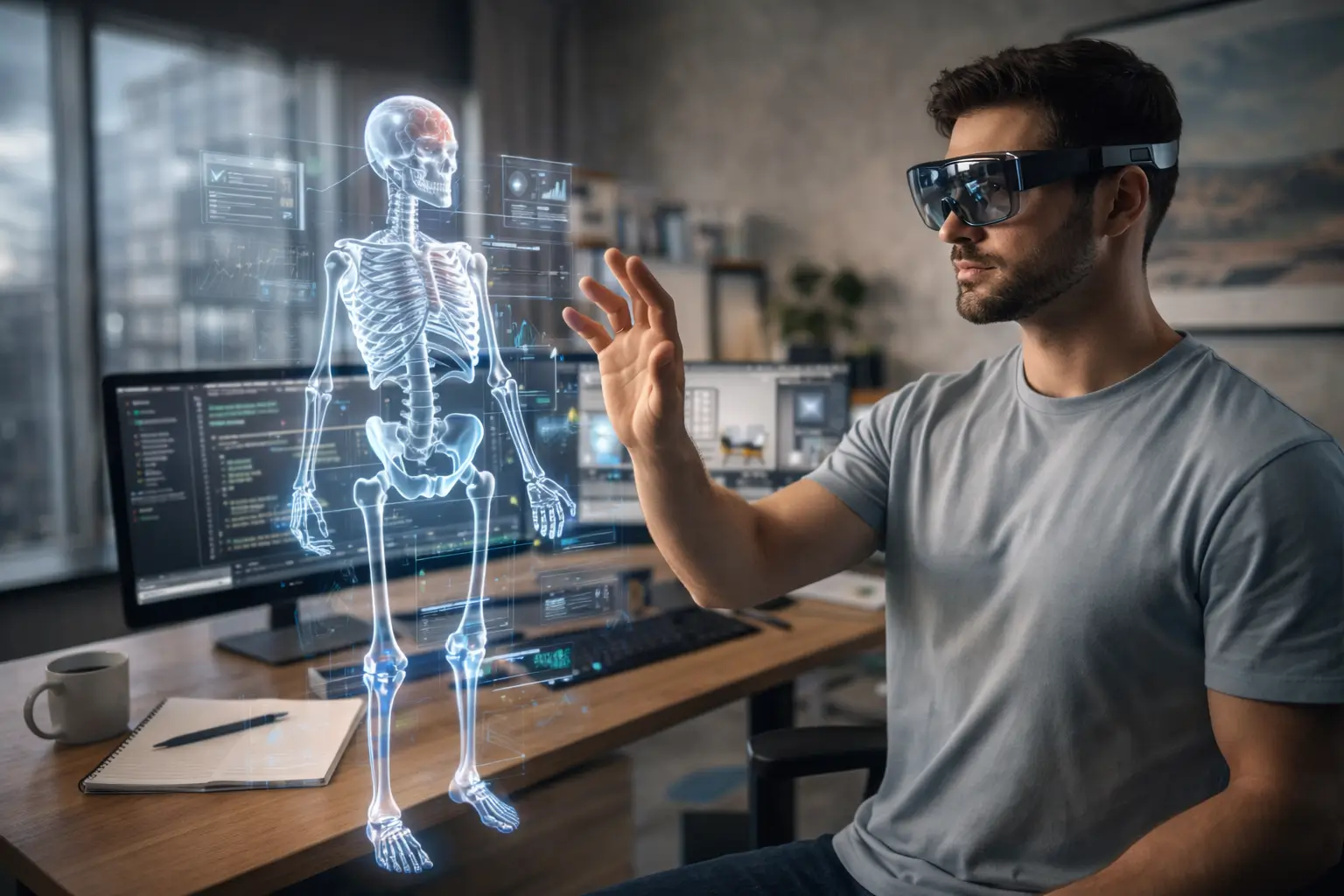 Augmented reality developer building a 3D holographic interface using AR glasses and game engine software in a modern workspace.