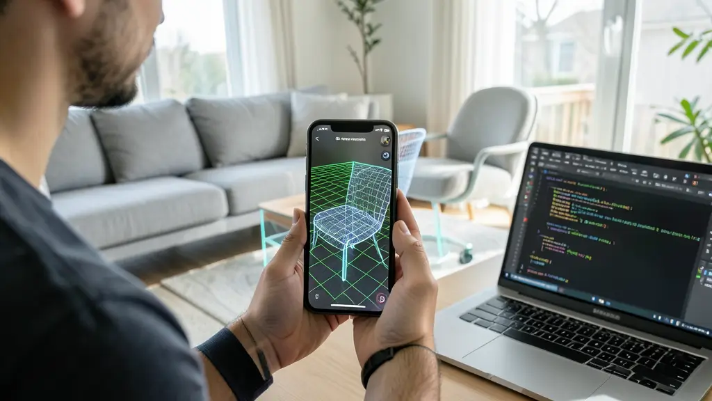 Augmented reality developer testing AR application with virtual object placement and spatial mapping on smartphone.