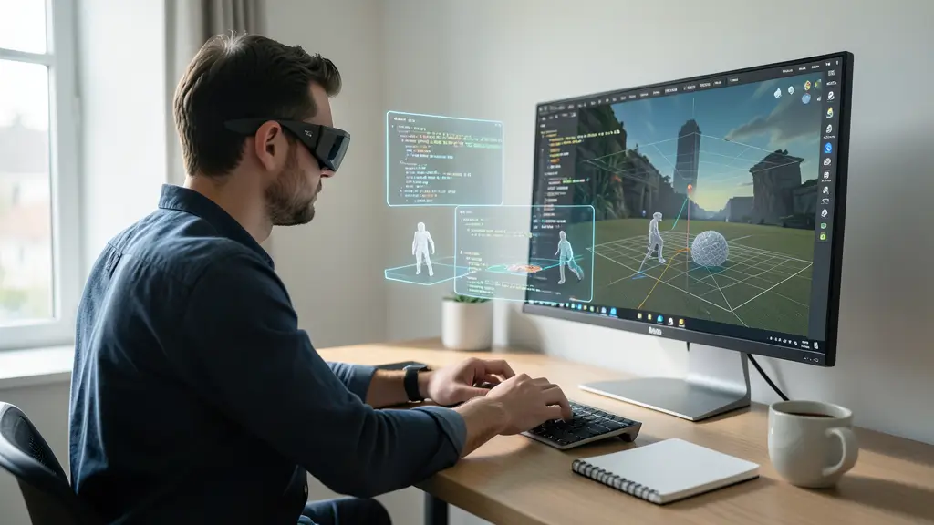 Augmented reality developer working with holographic 3D interface and game engine software in a modern workspace.