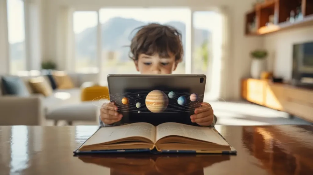 Augmented reality reading experience showing a child using a tablet to view a 3D solar system emerging from an open book in a bright home setting.