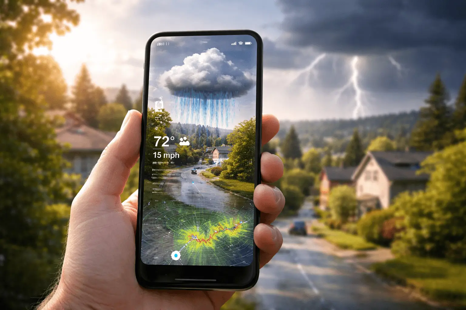 Augmented reality weather app displaying real-time storm visualization over a suburban neighborhood