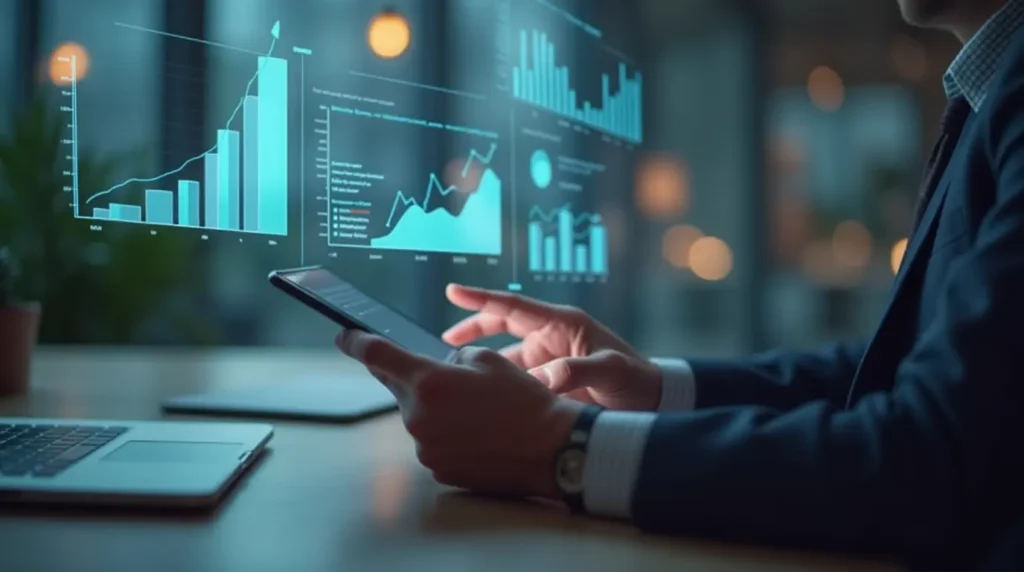 Business professional using augmented reality in accounting technology to visualize financial data in 3D