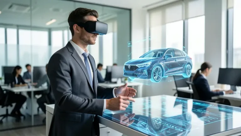 Business professional using immersive technology in a modern office, illustrating how ar vr companies transform businesses through virtual reality and augmented reality solutions.
