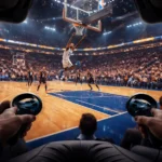 First-person courtside view of a live basketball dunk inside a packed arena, showcasing the immersive experience of virtual reality NBA games with VR controllers visible in the foreground.