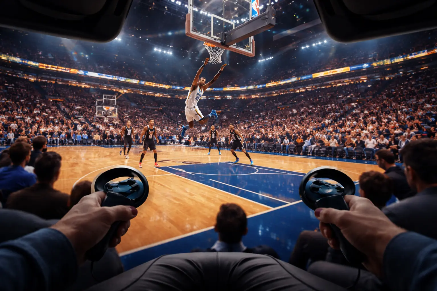 First-person courtside view of a live basketball dunk inside a packed arena, showcasing the immersive experience of virtual reality NBA games with VR controllers visible in the foreground.