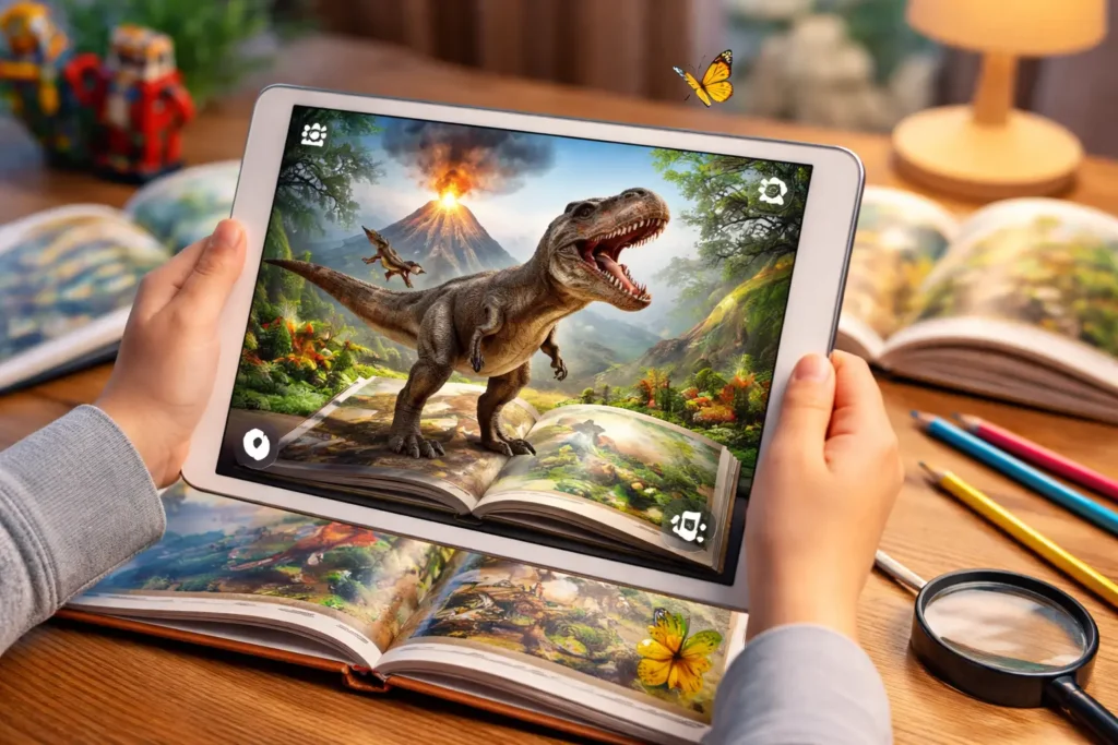 Child holding a tablet over a printed storybook while a 3D dinosaur appears through an augmented reality book app, demonstrating interactive AR reading experience.