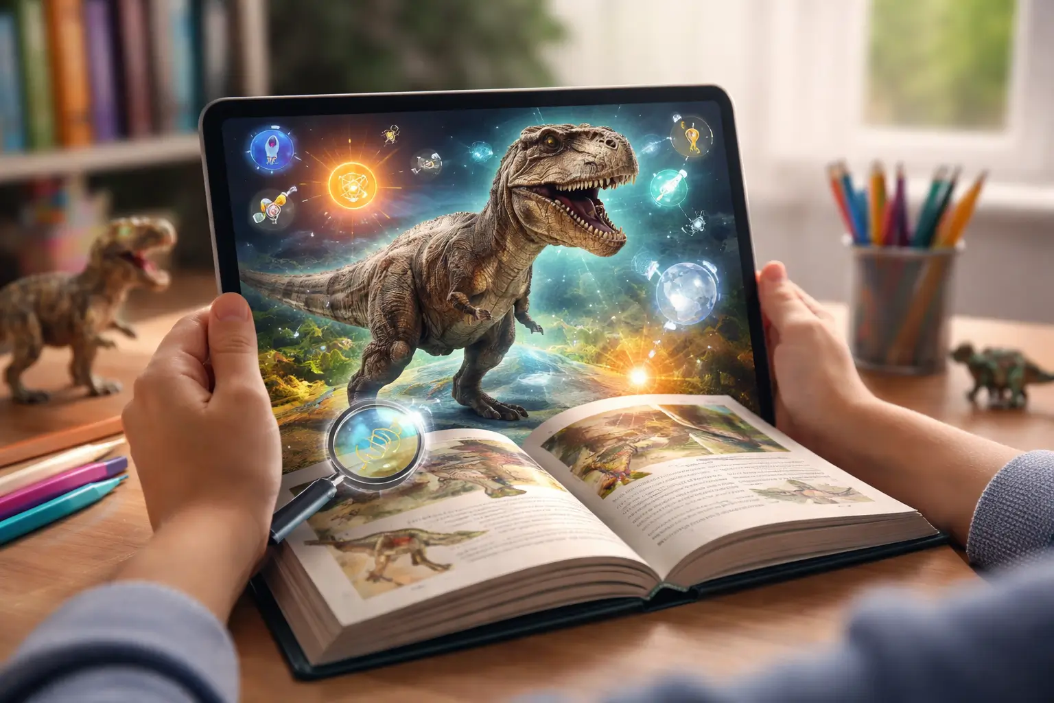 Child using a tablet for augmented reality reading, viewing a realistic 3D dinosaur emerging from an open book on a desk in a bright home setting.