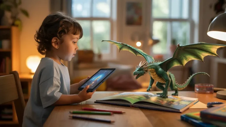 Child using an augmented reality book app on a tablet with a 3D dragon emerging from a printed storybook.