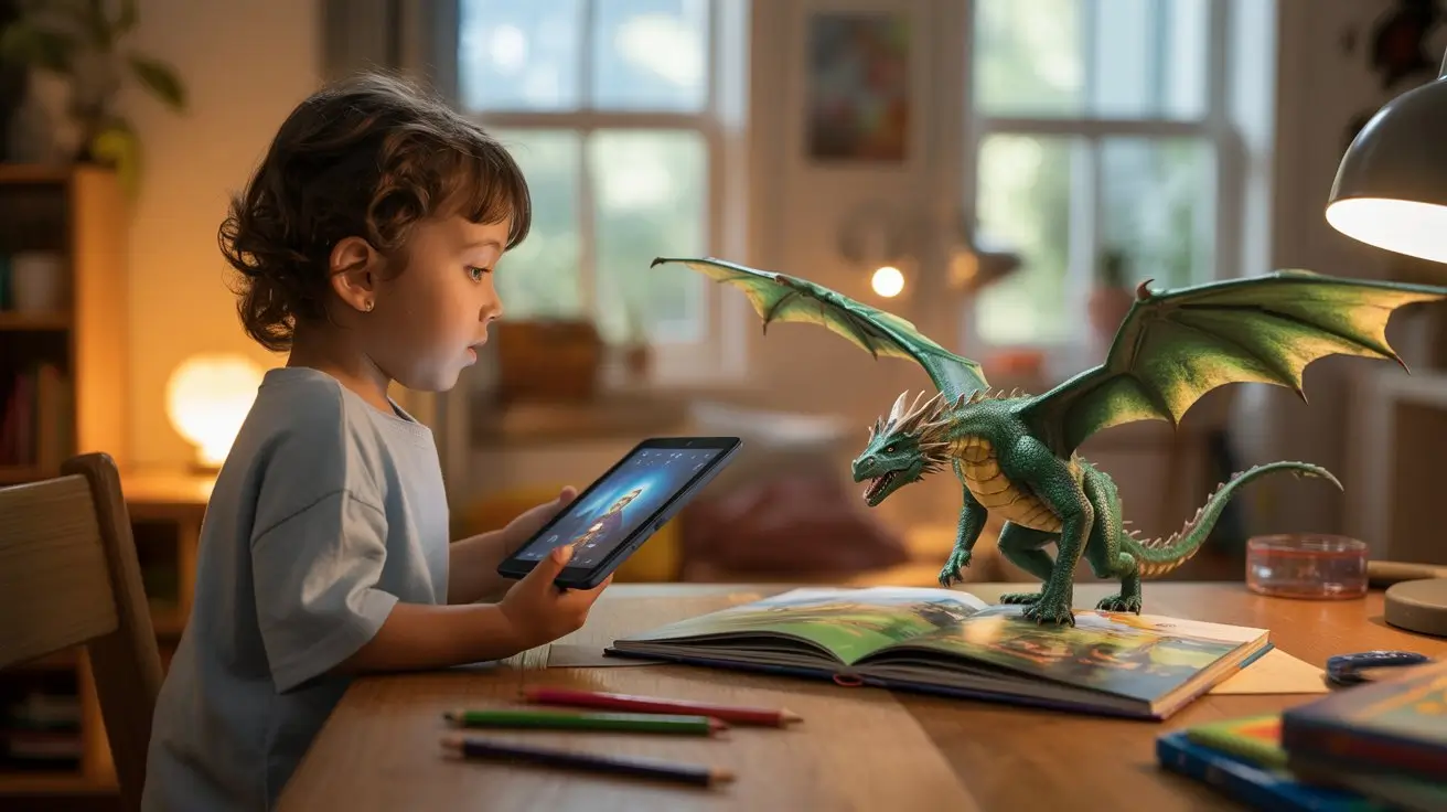 Child using an augmented reality book app on a tablet with a 3D dragon emerging from a printed storybook.