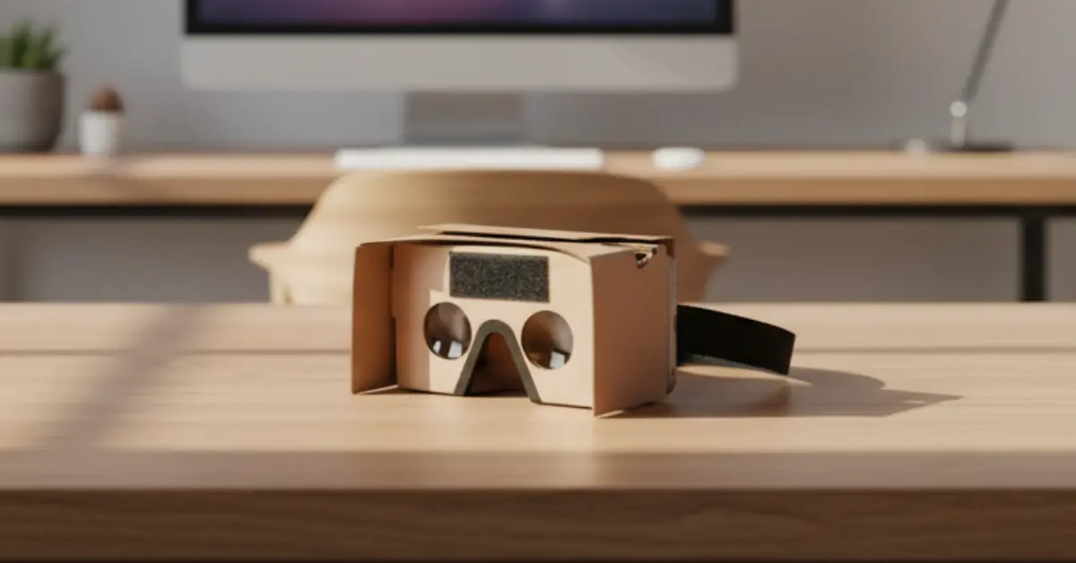 DIY cardboard device demonstrating how to make a VR headset at home on a wooden desk workspace (1)