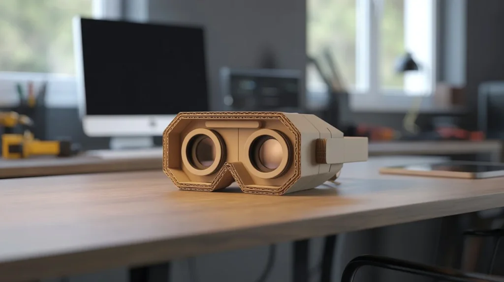 DIY cardboard device demonstrating how to make a VR headset at home on a wooden desk workspace