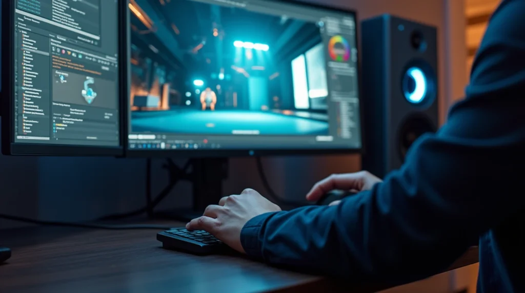 Developer building a virtual scene in game engine software while learning how to make a VR game