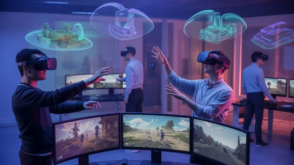 Virtual reality game development company team building immersive VR worlds inside a high-tech studio environment