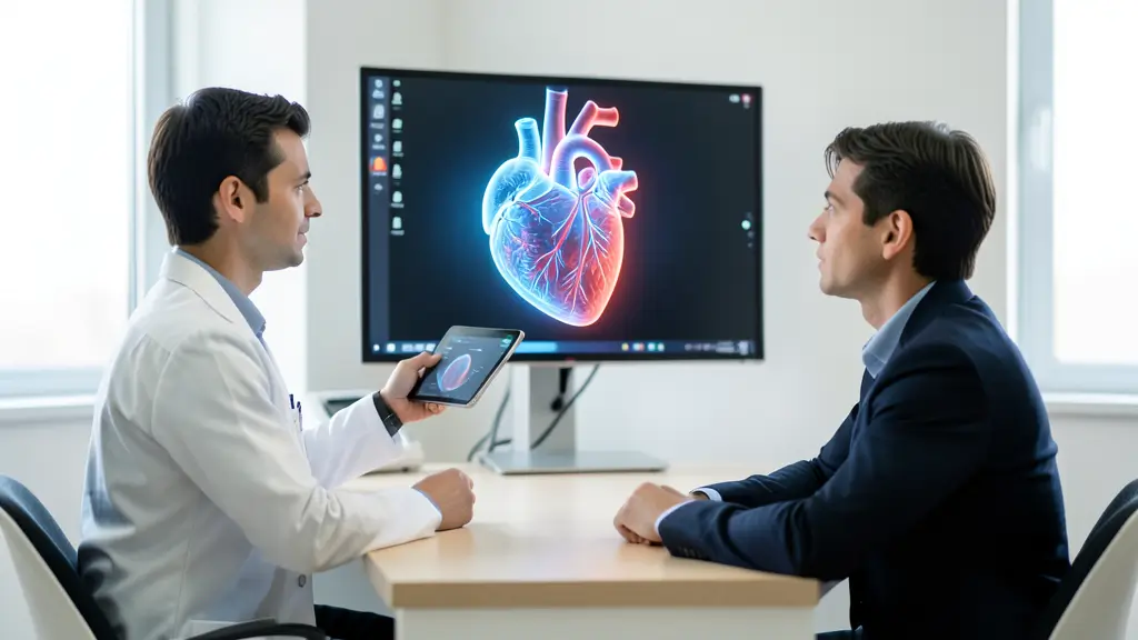 Doctor using augmented reality apps for healthcare to explain a 3D heart model to a patient during a medical consultation.