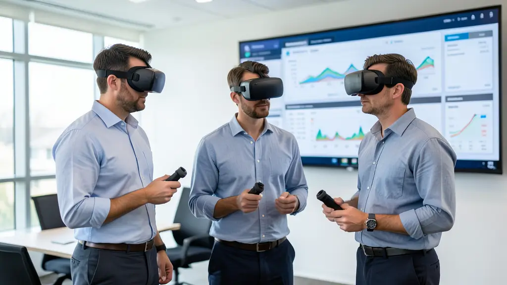 Event planner designing virtual reality events on a laptop showing a 3D conference stage layout in a modern office.