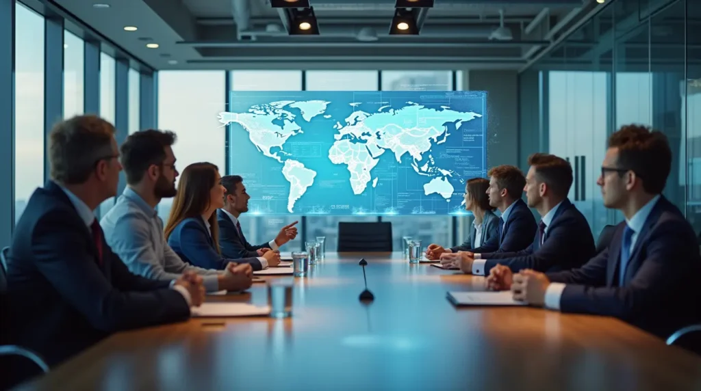 Executive team reviewing augmented reality in accounting financial reports during strategic meeting