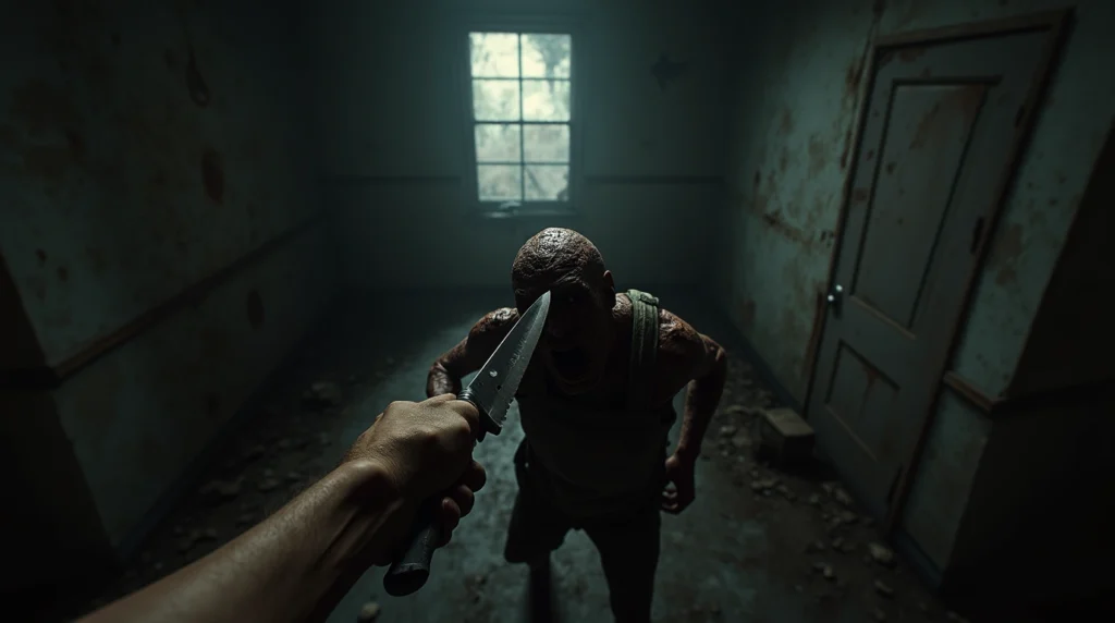 First-person combat scene showing realistic knife physics in the walking dead virtual reality game inside a dark abandoned house.