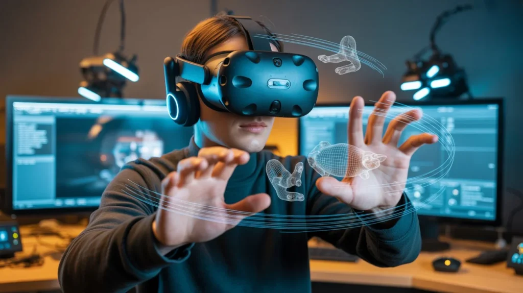 Developer testing immersive mechanics at a virtual reality game development company using advanced VR tools