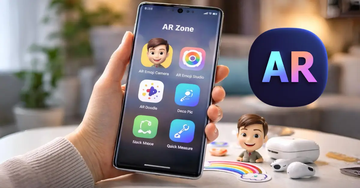 High-resolution image showing AR Zone in use on a Samsung Galaxy smartphone with a 3D avatar appearing in a real living room environment. (2)