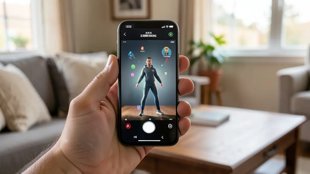 High-resolution image showing AR Zone in use on a Samsung Galaxy smartphone with a 3D avatar appearing in a real living room environment.