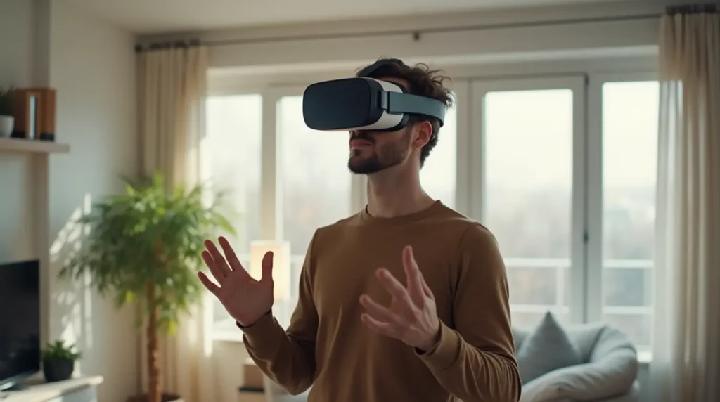 How to use VR headset for beginners – person experiencing virtual reality for the first time in a modern living room