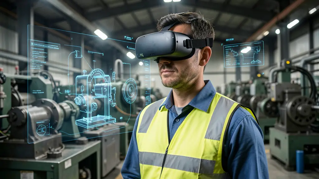 Industrial worker using VR headset in immersive training program developed by ar vr companies to improve operational efficiency.