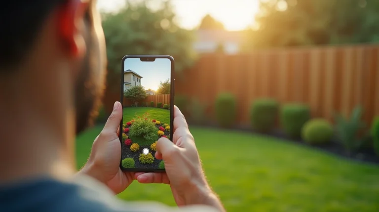 Man using smartphone to preview augmented reality plants transforming an empty garden space.