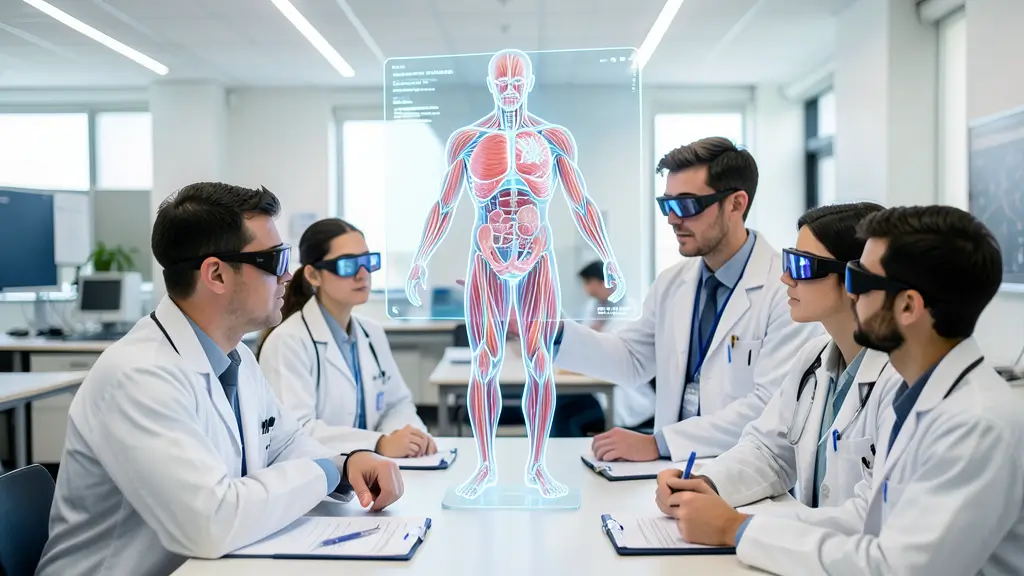 Medical students using augmented reality apps for healthcare to study a 3D holographic anatomy model in a modern training lab.