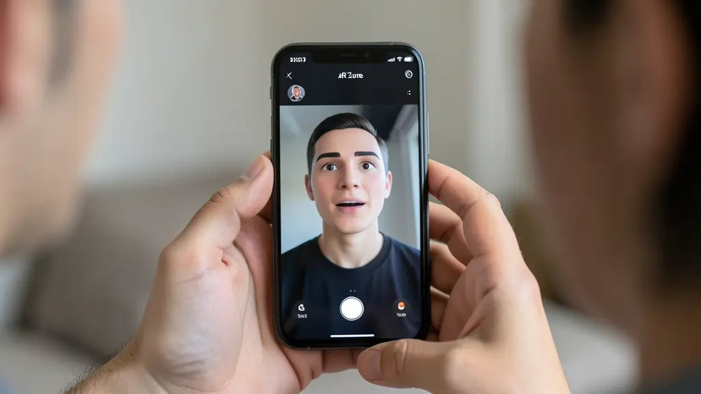 Person creating a personalized avatar using AR Zone on a Samsung phone with real-time facial tracking displayed on screen.