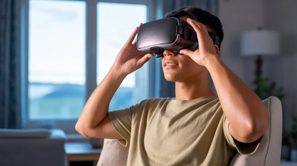 Person taking a break from VR and looking outside demonstrating are VR headsets bad for your eyes prevention tips