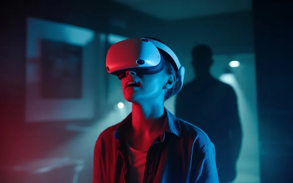 Person wearing a VR headset reacting in fear inside a dark room, representing the immersive experience of PS4 VR horror games