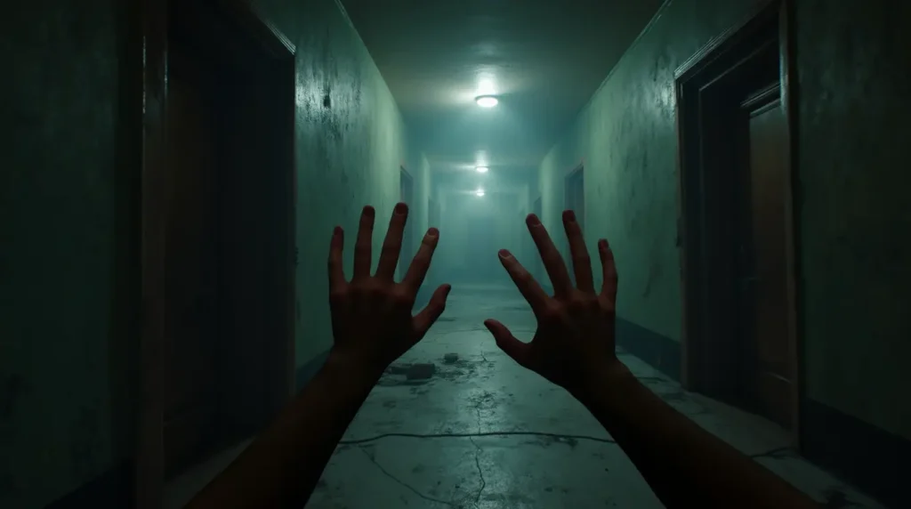 Person wearing a VR headset reacting in fear inside a haunted house, representing immersive vr horror movies in 2026 (2)