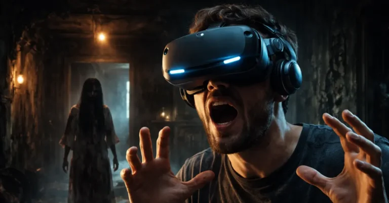 Person wearing a VR headset reacting in fear inside a haunted house, representing immersive vr horror movies in 2026