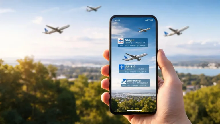 Plane finder augmented reality displayed on a smartphone screen, showing real-time aircraft tracking labels aligned with airplanes flying overhead in a clear sky above a city landscape.