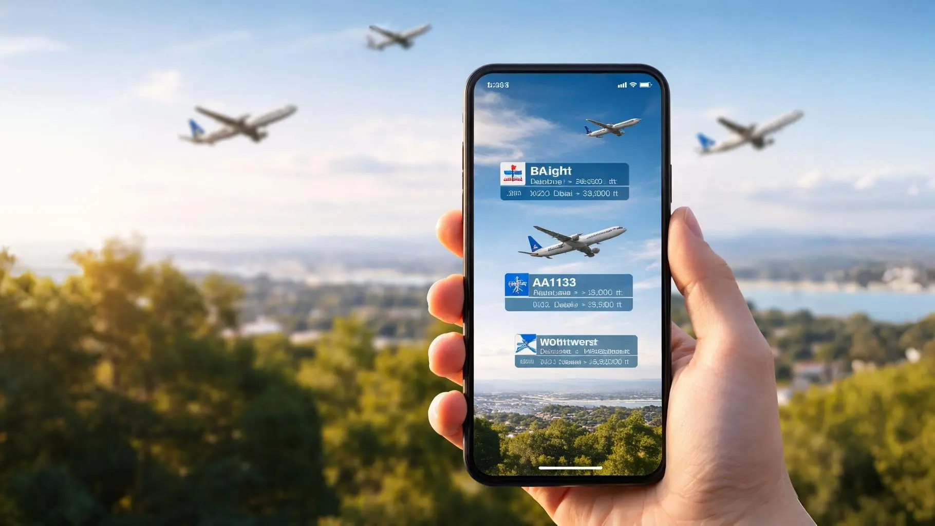 Plane finder augmented reality displayed on a smartphone screen, showing real-time aircraft tracking labels aligned with airplanes flying overhead in a clear sky above a city landscape.