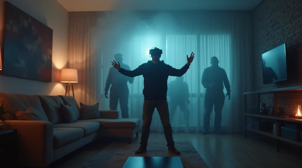 Player fully immersed in the walking dead virtual reality game using a VR headset in a modern living room.