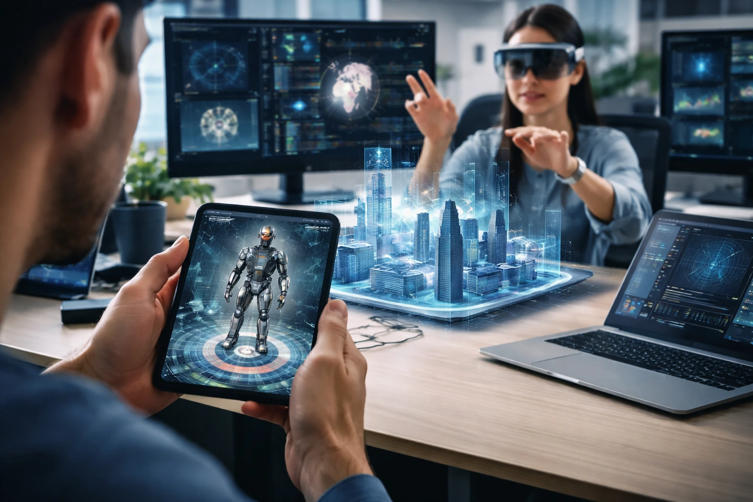 QA engineers performing augmented reality testing in a modern office, using a tablet and AR glasses to evaluate 3D holographic models and monitor performance on multiple screens.