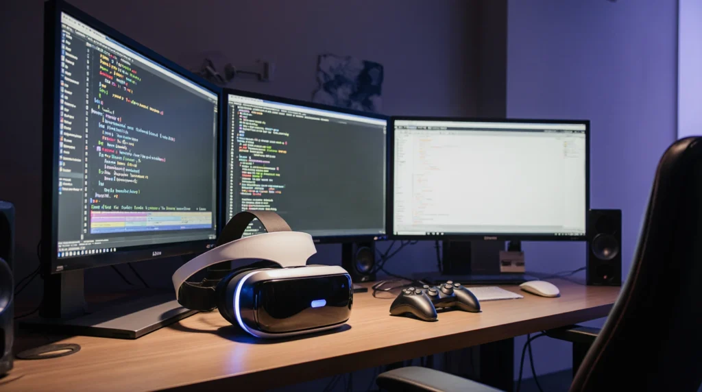Realistic VR development workspace showing headset and monitors illustrating how to make a VR game step by step