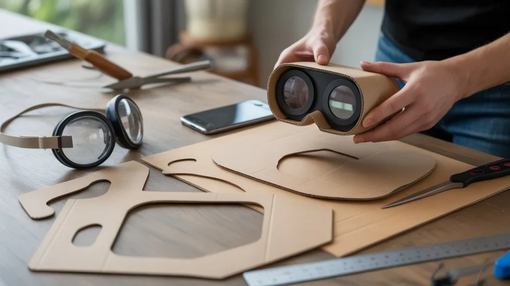 Step-by-step process showing how to make a VR headset with cardboard and lenses on a desk