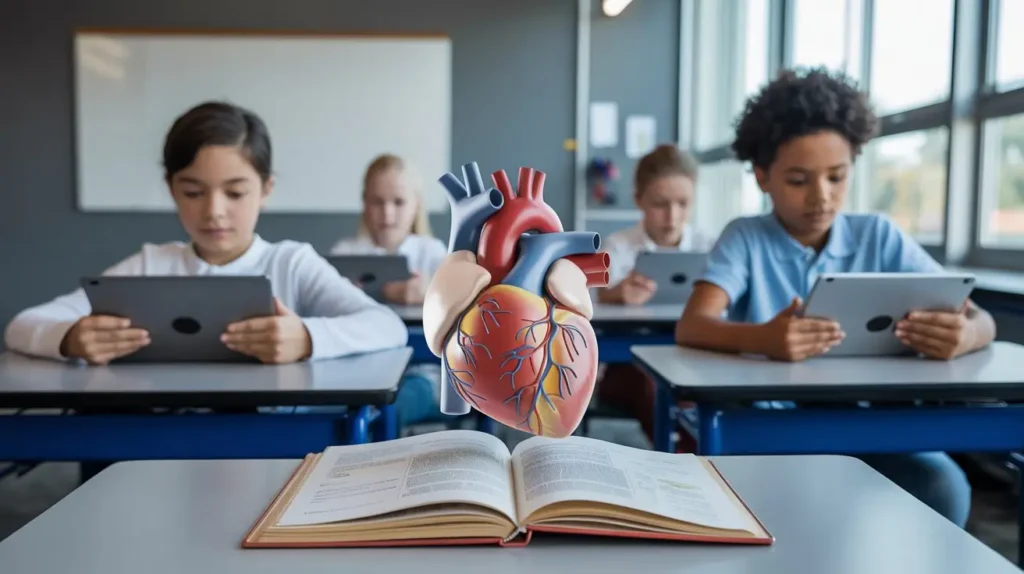Students using augmented reality reading technology in a classroom to explore a 3D human heart model above a science textbook.