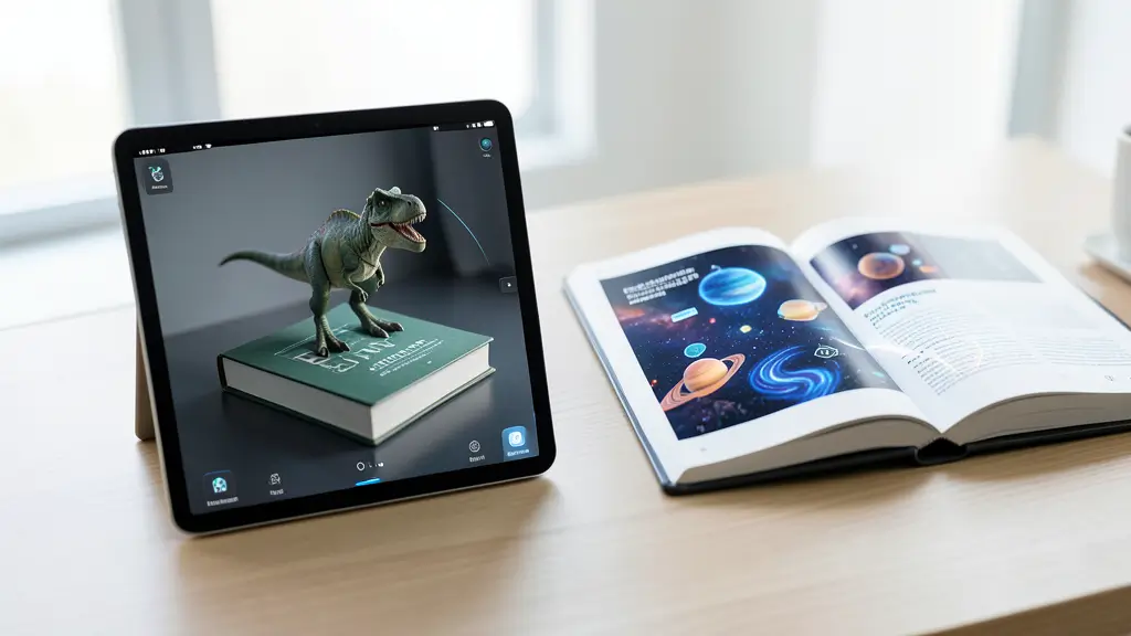 Tablet and smartphone demonstrating different augmented reality book apps with interactive 3D content over printed books.