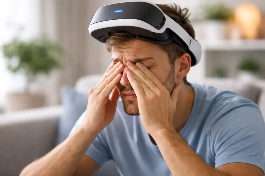 Tired man rubbing his eyes after VR session illustrating are VR headsets bad for your eyes concern (1)