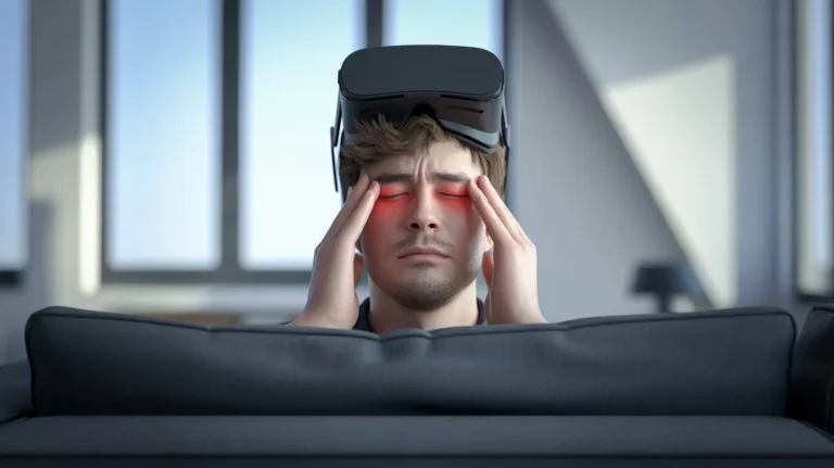 Tired man rubbing his eyes after VR session illustrating are VR headsets bad for your eyes concern