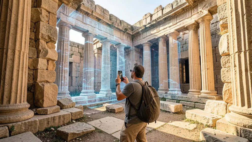 Tourist using augmented reality apps for tourism to visualize ancient ruins reconstructed in 3D on a smartphone