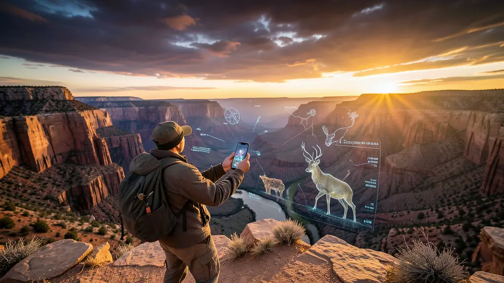 Traveler exploring nature with augmented reality apps for tourism showing interactive wildlife and geological overlays