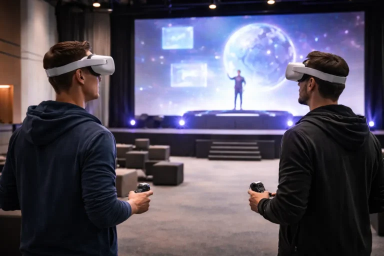 Two attendees wearing VR headsets facing a stage during a virtual reality event in a modern conference venue.