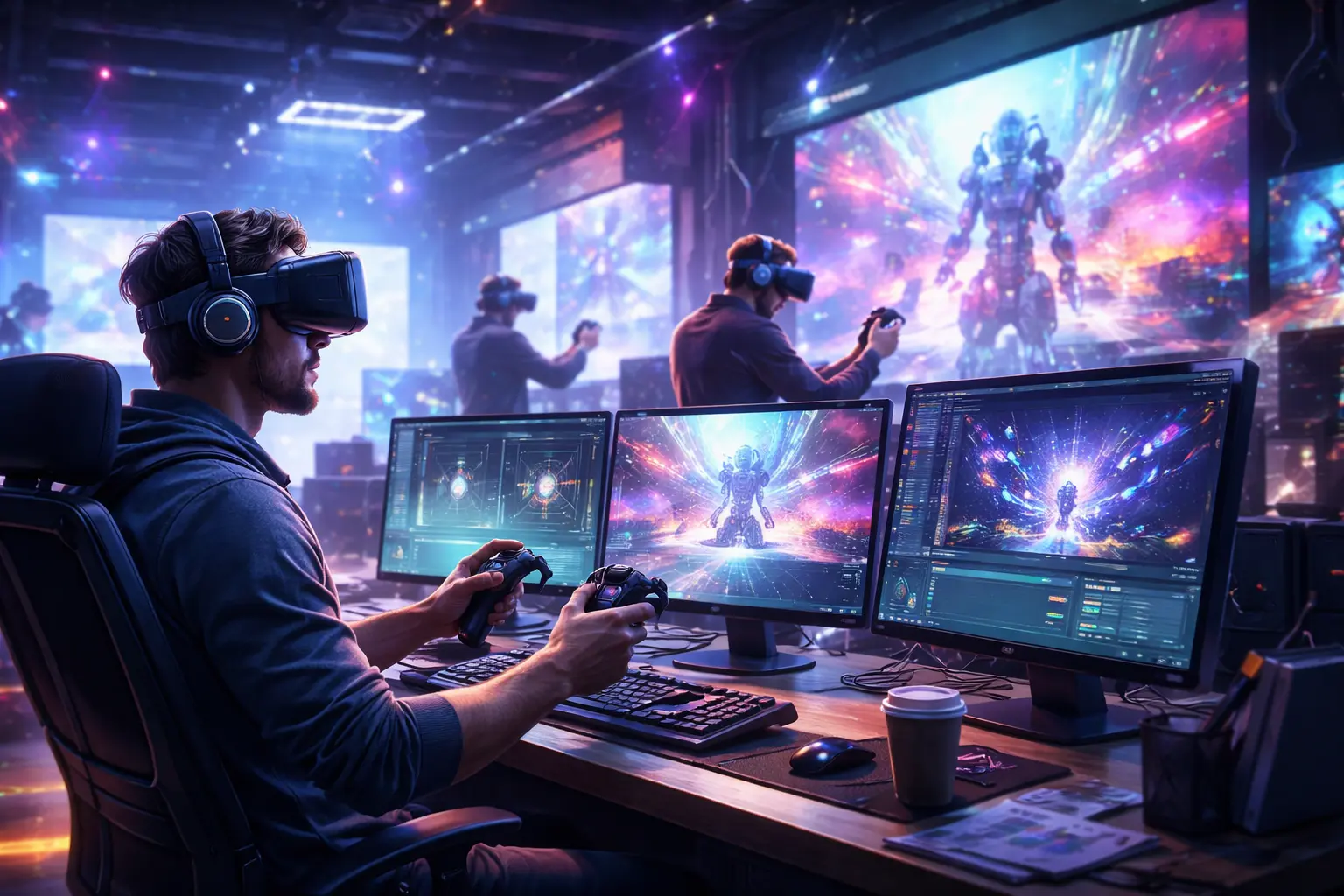 Virtual reality game development company team building immersive VR worlds inside a high-tech studio environment