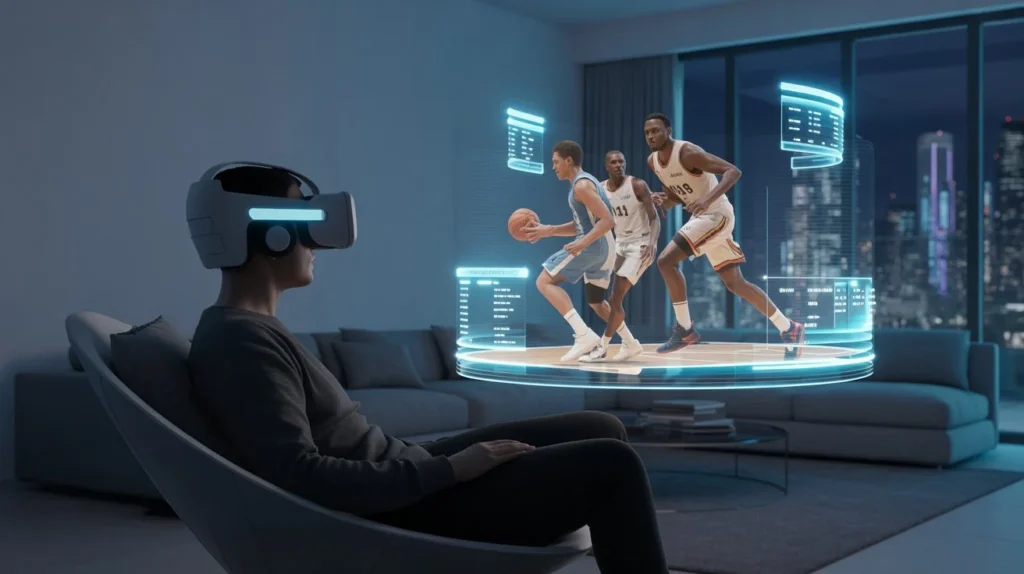 Person wearing a VR headset in a modern living room watching holographic basketball players with floating stats, representing the future of virtual reality NBA games.